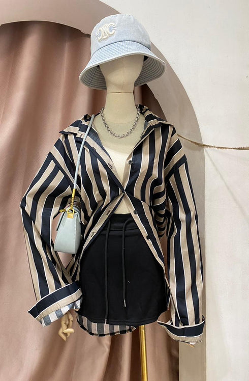 Long Sleeves Strip Collar Down Shirts